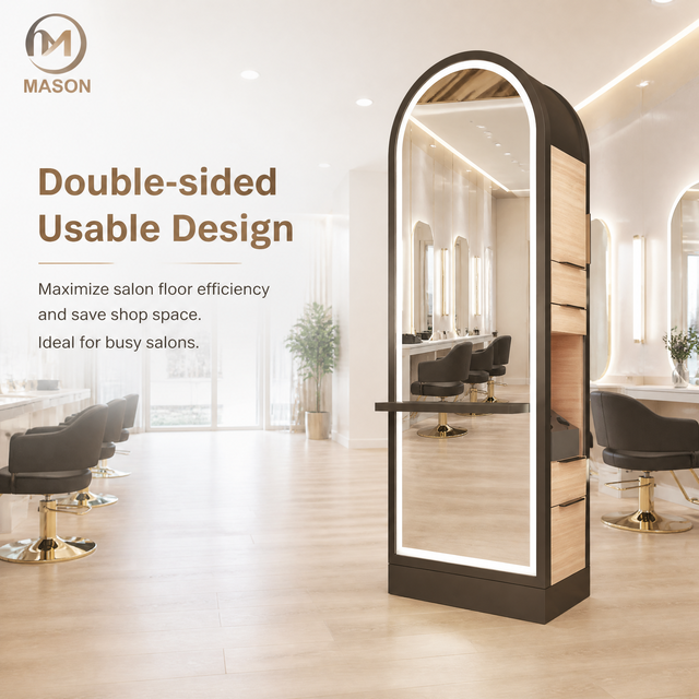 Dual Sided LED Barber Mirror Station Wooden Arch Design with Adjustable Waterproof Lighting ,Premium Salon Styling Furniture