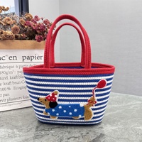Sac fourre-tout en tricot rayé brodé avec motif de Teckel mignon, mini sac à main au crochet, sac à bandoulière décontracté pour femme avec patch de chiot de dessin animé