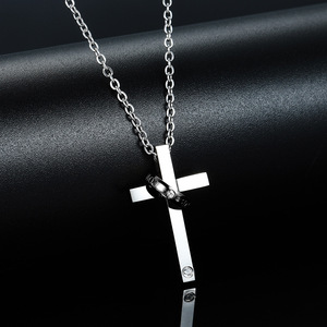 Cross Pendant <b>Necklace</b> Stainless Steel Black Rose Gold With Diamond For <b>Couple</b> Gift Daily Wear Geometric Design Bezel Setting - Product Image 4