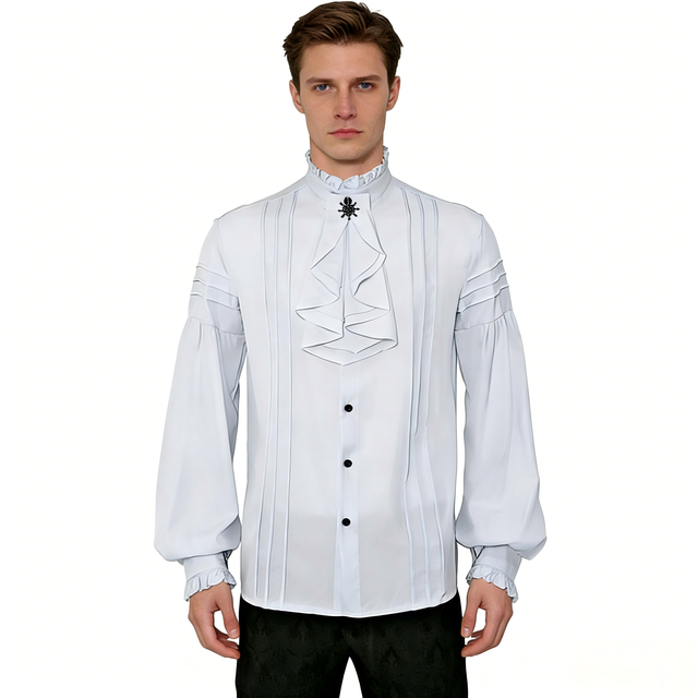Vintage Medieval Gothic Shirt for Men White Stand Collar Steampunk Renaissance Victorian Performance Wedding Costume Top