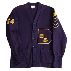 Benutzer definierte Chunky V-Ausschnitt Pullover Student Baseball Sport Herren Blank Strickjacke Vintage College Sweater