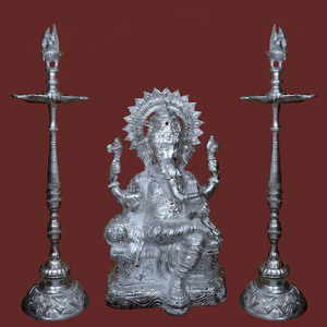 White Metal Ganesha Idol with <b>Silver</b> Finish and Two Decorative <b>Lamps</b> Traditional Hindu God Statue for Home Temple Puja Room Fest - Product Image 1
