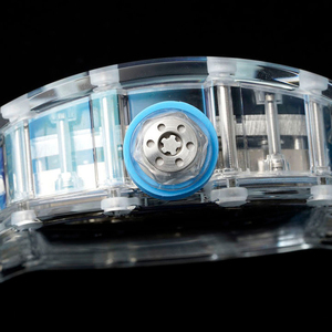 Men's light blue <b>rubber</b> strap crystal tourbillon <b>watch</b>, tonneau-shaped skeleton mechanical <b>watch</b> - Product Image 5