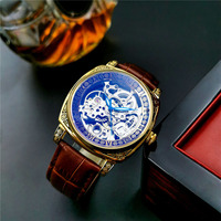 Reloj de Pulsera Dorado Transparente para Hombre, Automático, Mecánico, Luminoso, Deportivo, Impermeable, Casual, de Cuero Genuino, Reloj Hombre
