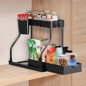 Étagère de rangement coulissante à double niveau pour cuisine et salle de bain avec porte-gobelets - Product Image 2