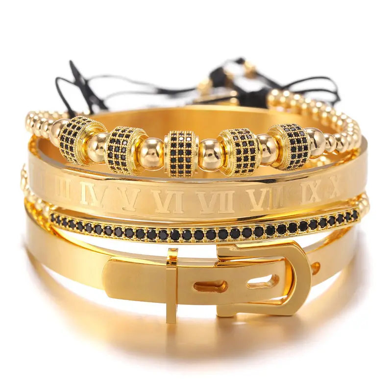 2021 Luxury Handmade Jewelry 4Pcs/Set Copper Bead Micro Pave CZ Ball Crown Braiding Men Bracelet Set