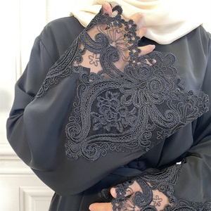 6659# Modern Dubai Lace Cuff Nida Abaya Front Zipper Solid Color Long Sleeve Modest Muslim Dress - Product Image 6