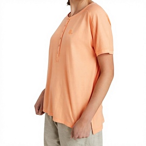 Women's Peach Short Sleeve O-Neck T-<b>Shirt</b> Button Front Solid Color Regular Fit Casual Nonwoven Breathable Eco-Friendly Logo 100% - Product Image 1