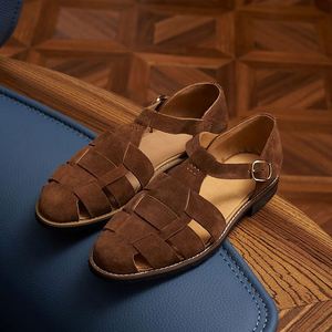 Retro Woven Roman Sandals <b>Flat</b> Versatile Breathable Openwork <b>Toe</b>-Covered Men's Patchwork Lace-Up Closure Anti-Slip Lightweight - Product Image 4