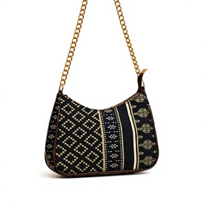 Sac à bandoulière croissant chic et vintage pour femme, en jacquard tissé, antivol, inspiré des créateurs, motif tribal diamant, sac hobo élégant doré - Product Image 1