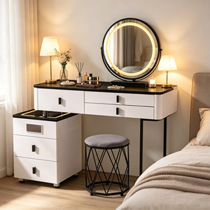 Black <b>Gloss</b> Top Vanity Set Round LED Ring Mirror 3 <b>Drawer</b> Side <b>Chest</b> Diamond Metal Frame Grey Cushion Stool Bedroom Makeup Desk - Product Image 6