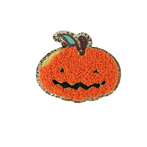 Parche bordado <span class=keywords><strong>de</strong></span> calabaza <span class=keywords><strong>de</strong></span> Halloween, diseño <span class=keywords><strong>de</strong></span> calavera fantasma, borde dorado con purpurina, toalla <span class=keywords><strong>de</strong></span> chenilla, insignias bordadas para planchar - Product Image 5