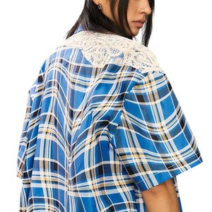 Fringuello abito di design camicia squadrata con maniche corte in <span class=keywords><strong>pizzo</strong></span> ricamato camicia Streetwear camicie a quadri <span class=keywords><strong>blu</strong></span> per gli uomini - Product Image 2