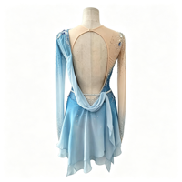 Robe de patinage artistique bleu dégradé avec strass, dos nu, manches longues, costume de compétition de patinage sur glace personnalisé pour filles et femmes