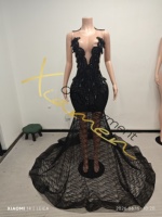 Robe de soirée sirène Ocstrade de luxe, noire, en maille de cristal, cousue main, avec décolleté plongeant, traîne à sequins, moulante, pour concours de beauté, scène ou bal de promo, pour femme