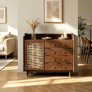 Midcentury Modern Solid Wood Living Room Cabinet with 4 <b>Drawers</b> and Woven Door <b>Storage</b> Furniture <b>for</b> Home Use - Product Image 1
