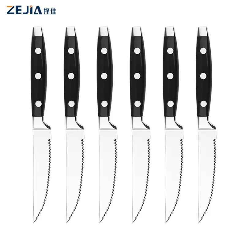 Modern restaurants stainless steel serrated steak knives for knife set 6 piece beef Steak Knife with Black Handle