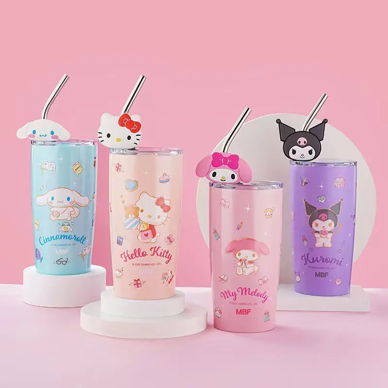 600 ml Kuromi My Melody Pochacoo Thermoskarikatur isoliert 304 Edelstahl Kitty-Wasserflasche 600 ml mit Strohhalm für Kinder