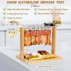 Bacon Clothesline Serving <b>Tray</b> Bamboo <b>Large</b> Drip Catcher Party Cheese Display Rack - Product Image 1