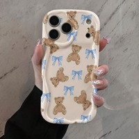 Coque de téléphone motif ours mignon et nœud crème pour iPhone 16 15 14 13 12 17 Pro 18 Pro Max, coque antichoc à bords ondulés, étui arrière