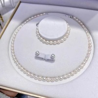 Ensemble cadeau d'entreprise en perles, collier, bracelet, boucles d'oreilles, perles de riz d'eau douce 7-8 mm, argent 925, logo du fabricant, vente en gros, sur mesure