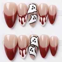 Faux ongles en acrylique à presser, courts, design carré, pour Halloween, peints à la main, motifs chauve-souris, fantôme, toile d'araignée, avec colle