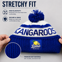 Bonnet en tricot jacquard color block personnalisé 100 % acrylique avec pompon et patch citron, idéal pour l'hiver, le jogging en extérieur, les sports et l'encouragement.