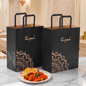 Custom Printed Biodegradable Eco-Friendly Black Kraft Paper <b>Bags</b> for Indian Takeaway Restaurants with Handles - Product Image 3