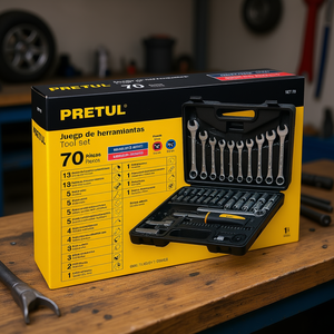 Ensemble d'outils de mécanicien professionnel Pretul de 70 pièces avec clés, tournevis et douilles en acier au chrome-vanadium dans un coffret rigide pour la maison - Product Image 2