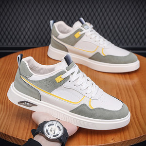 Men's 2026 Spring New Leather Panel <b>Lace</b>-Up <b>White</b> Casual Sneakers Breathable Trendy Shoes - Product Image 4