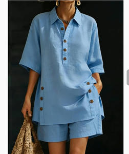 Completo Set Due Pezzi Donna Primavera Estate 2026: Camicia e Pantaloncini in Lino Casual alla Moda, Taglie Forti - Product Image 3