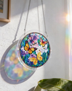 Attrape-soleil en verre teinté, motif papillon floral, en cristal artificiel, puzzle rond, décoration suspendue pour fenêtre, pour mariage, extérieur et usage domestique - Product Image 5