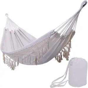 Ngoài Trời Trắng Bohemian Cắm Trại Võng Lớn Brazil Tua Macrame Đôi Deluxe Võng Đu Giường Với Carry Bag Cho Hiên