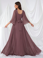 Robe de soirée formelle en mousseline de soie à col carré et manches longues pour femme, avec plis à la taille et fermeture éclair
