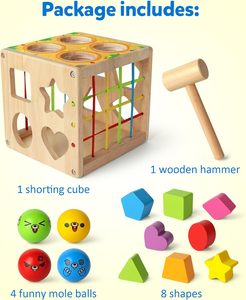 Cube <span class=keywords><strong>de</strong></span> tri <span class=keywords><strong>de</strong></span> formes en bois écologique avec marteau et balles, jouet éducatif pour les tout-petits, apprentissage précoce et développement <span class=keywords><strong>de</strong></span> la <span class=keywords><strong>motricité</strong></span> - Product Image 4