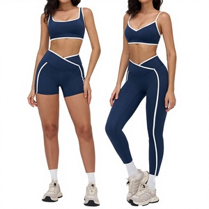 Women Yoga Set High Waist Sports Bra With Shorts And <b>Leggings</b> Contrast Binding Breathable Spandex Polyester Workout Wear - Product Image 1