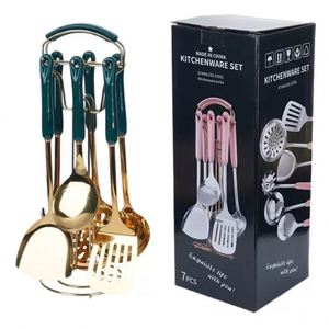 Juego de Utensilios de Cocina de Acero Inoxidable Dorado de Buena Calidad con Mango de Porcelana, 6 Piezas, en Oferta, Ideal para Regalo - Product Image 5