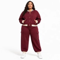 Ensemble de 2 pièces pour femmes, veste bomber varsity grande taille, pantalon cargo à jambes larges, bordeaux, du S au 5X