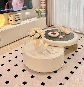 Mesa de Centro de Diseño en Crema, Mesa de Centro Redonda de Madera Maciza, Juego de Muebles para Sala de Estar, Mesa de Centro de Vidrio Templado - Product Image 6