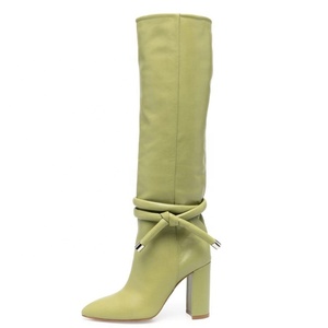 Metal Chain Decor <b>Rope</b> Strap Women Long Booties High Chunky Heel Pointed Toe Shoes on Knee High Knight Boots - Product Image 3
