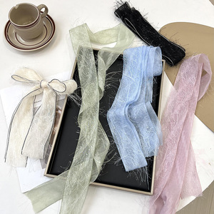 Écharpe vintage poilue et douce en ruban de polyester enveloppée bleu rose beige couleur unie écharpes longues maigres pour poignée de sac à main - Product Image 1