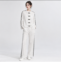 Ensemble deux pièces en dentelle blanche pour femmes, veste à col mandarin, pantalon à jambes larges, ensemble assorti, vêtements décontractés à la mode