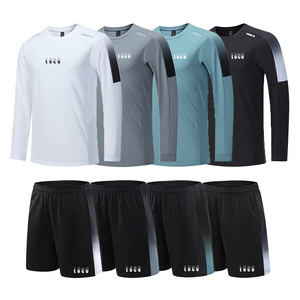 批发运动健身速干长袖T恤短裤2件套定制男士跑步健身运动服 - Product Image 3