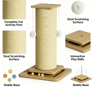 เสาข่วนแมวไม้ป่านศรนารายณ์พร้อมที่นอนและของเล่นห้อยสำหรับแมวในบ้าน - Product Image 6