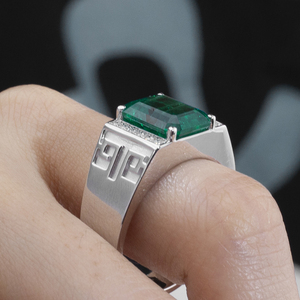 Messi Jewelry MSR-1849 925 <b>Silver</b> Radiant Cut May Birshstone Lab <b>Emerald</b> Fashion <b>Ring</b> Claw Setting <b>Emerald</b> <b>Ring</b> for Men - Product Image 5