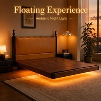 Lit flottant moderne et minimaliste avec tête de lit ondulée rembourrée, bande lumineuse LED chaude, cadre en bois massif, lit king-size en cuir de luxe