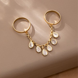 <span class=keywords><strong>Cadena</strong></span> de borla de doble dedo chapada en oro para mujer <span class=keywords><strong>con</strong></span> anillo CZ de gota de lágrima joyería de moda clásica para compromiso de boda o regalo - Product Image 5