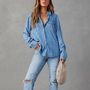 Channel Classic Button Down Roll Up Sleeve Denim Chambray Blue Jean Shirts For Women - Product Image 2