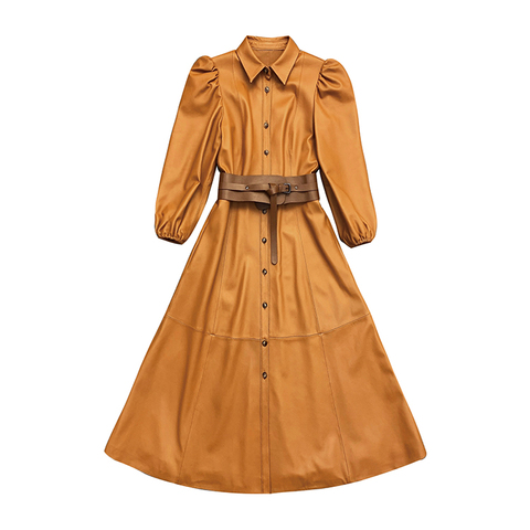 0201 Puff Sleeve Oversized Swing Shirt Dress Sheepskin Trend Dress Coat for Women