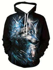 Felpa con cappuccio da <span class=keywords><strong>uomo</strong></span> con motivo animale <span class=keywords><strong>lupo</strong></span> retrò Street Cool - Product Image 3